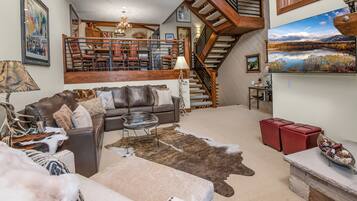 TV connectée, cheminée, lecteur de DVD, livres