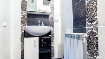 Hair dryer, towels, soap, shampoo