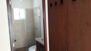 Shower, towels, toilet paper