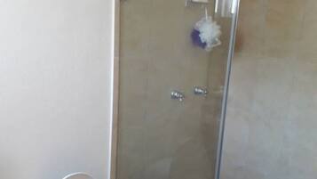 A bathroom with a toilet, a glass shower enclosure, and tiled walls.