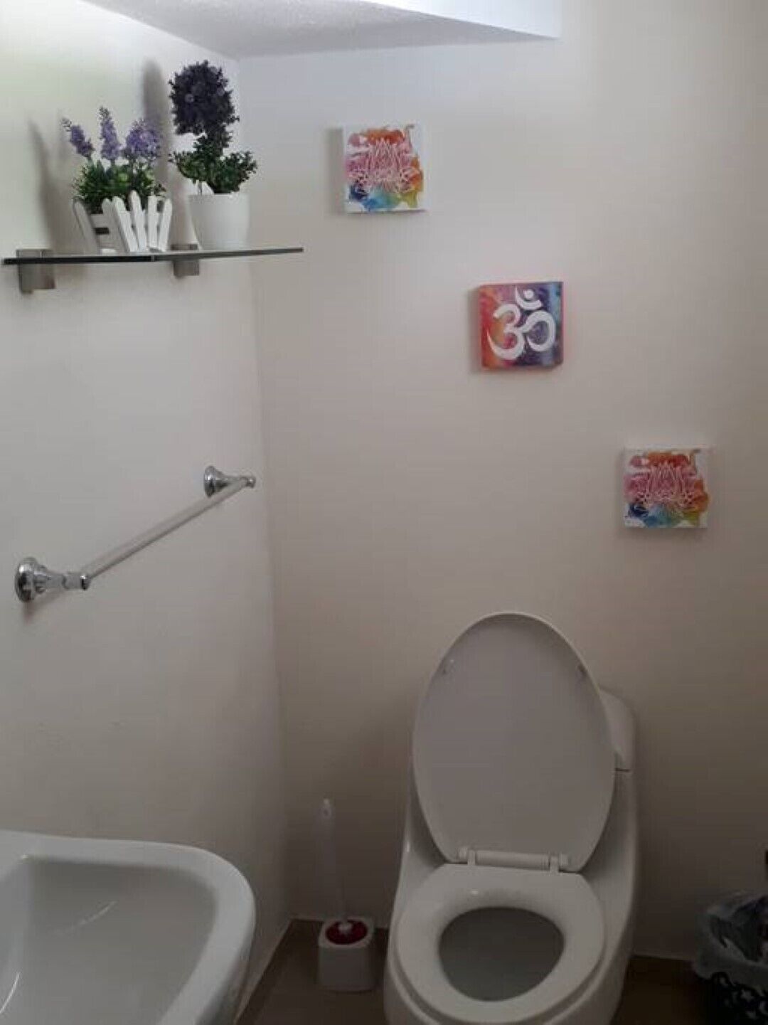 A bathroom with a toilet, a bidet, and a shower area. There are three wall-mounted artworks and a white shelf with potted plants.