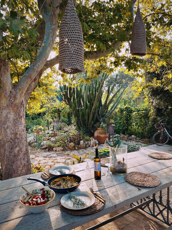 An outdoor dining area with a rustic wooden table set for a meal, surrounded by a garden with cacti and trees.