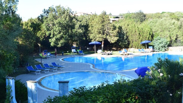A swimming pool with blue lounge chairs and umbrellas, surrounded by greenery and trees.