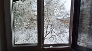 A window with a view of snow-covered trees and a building in the background. - The Steinbock Lodge (Zell am See)