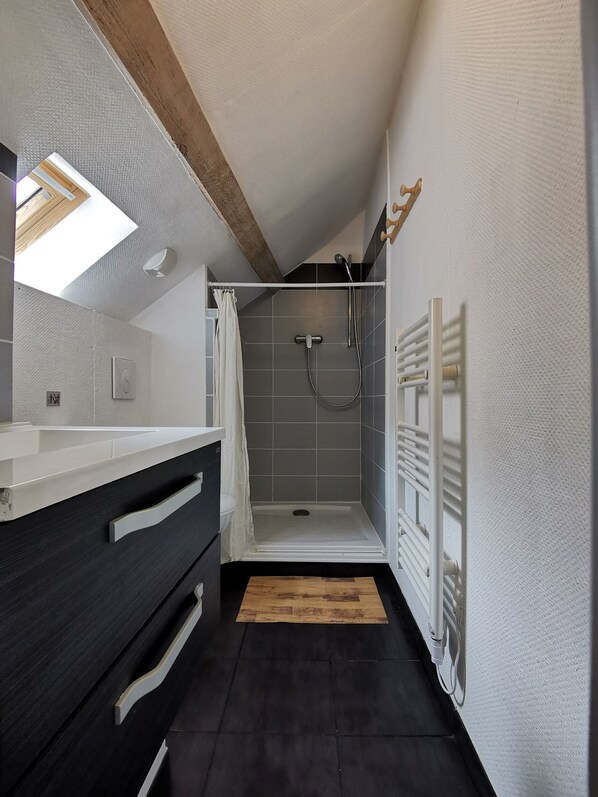 Un baño moderno con ducha, tocador con espejo y radiador.