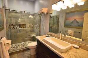 Shower, towels, soap, toilet paper