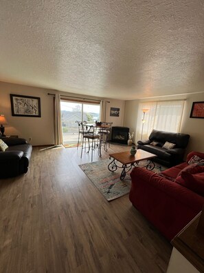 Smart TV, fireplace, DVD player, books