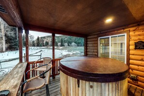 Terrace/patio - Waterfront cabin with mountain view, wood stove, private hot tub, & WiFi (South Fork)