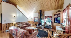 Fernseher, Kamin, DVD-Player, Bücher