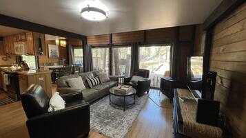 Smart TV, fireplace, DVD player, books