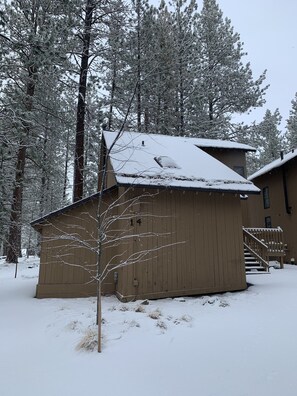 A wooden cabin with a snow-covered roof, surrounded by tall pine trees.