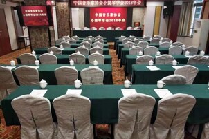 Un salón de conferencias con filas de mesas y sillas, cada una con mantel verde y sillas blancas.