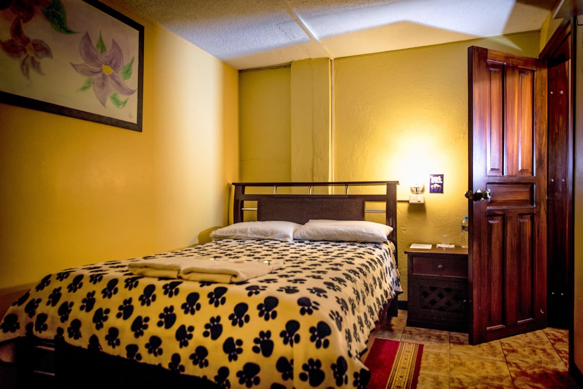 Une chambre à coucher avec un lit, une table de chevet et une porte en bois.