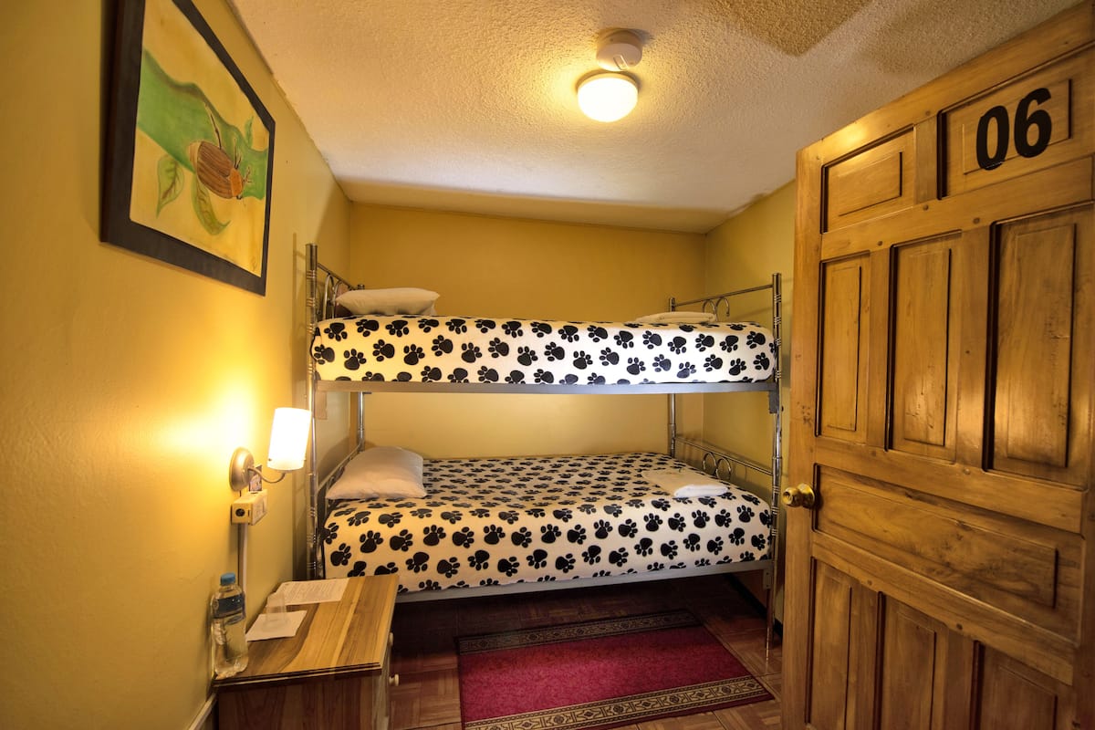 Une chambre avec des lits superposés, une porte en bois portant l’inscription « 06 », un petit bureau avec une lampe et un tableau encadré accroché au mur.