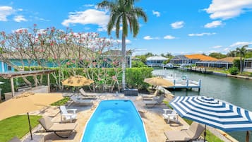 Outdoor pool, a heated pool, pool umbrellas