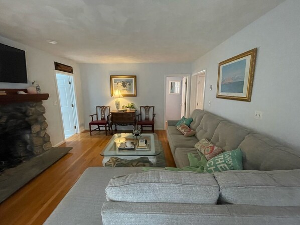 TV, fireplace, DVD player, books