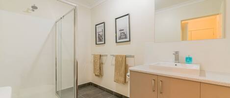 A modern bathroom with a glass shower enclosure, a sink with a mirror, and two framed pictures on the wall.