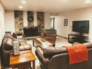 TV, fireplace, ping pong, books