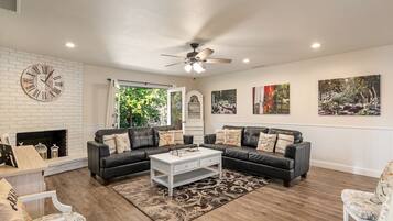 Smart TV, fireplace, DVD player, foosball