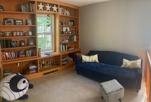 Smart TV, fireplace, video games, DVD player