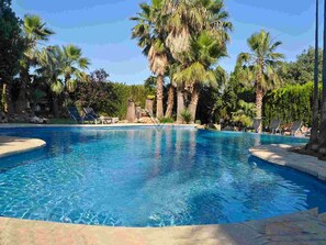 A clear blue pool surrounded by palm trees and lounge chairs. - Can Gual de Inca, Elegant Vila, Mallorca (Inca)