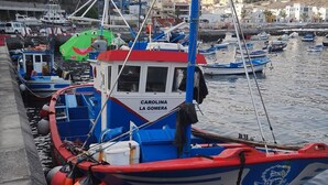 Ein Hafen mit vor Anker liegenden Booten, darunter ein blaues und rotes Boot namens "CAROLINA LA GOMERA".