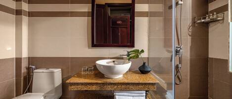 Une salle de bain avec des toilettes blanches, un lavabo à grande cuve, un miroir et un espace douche.