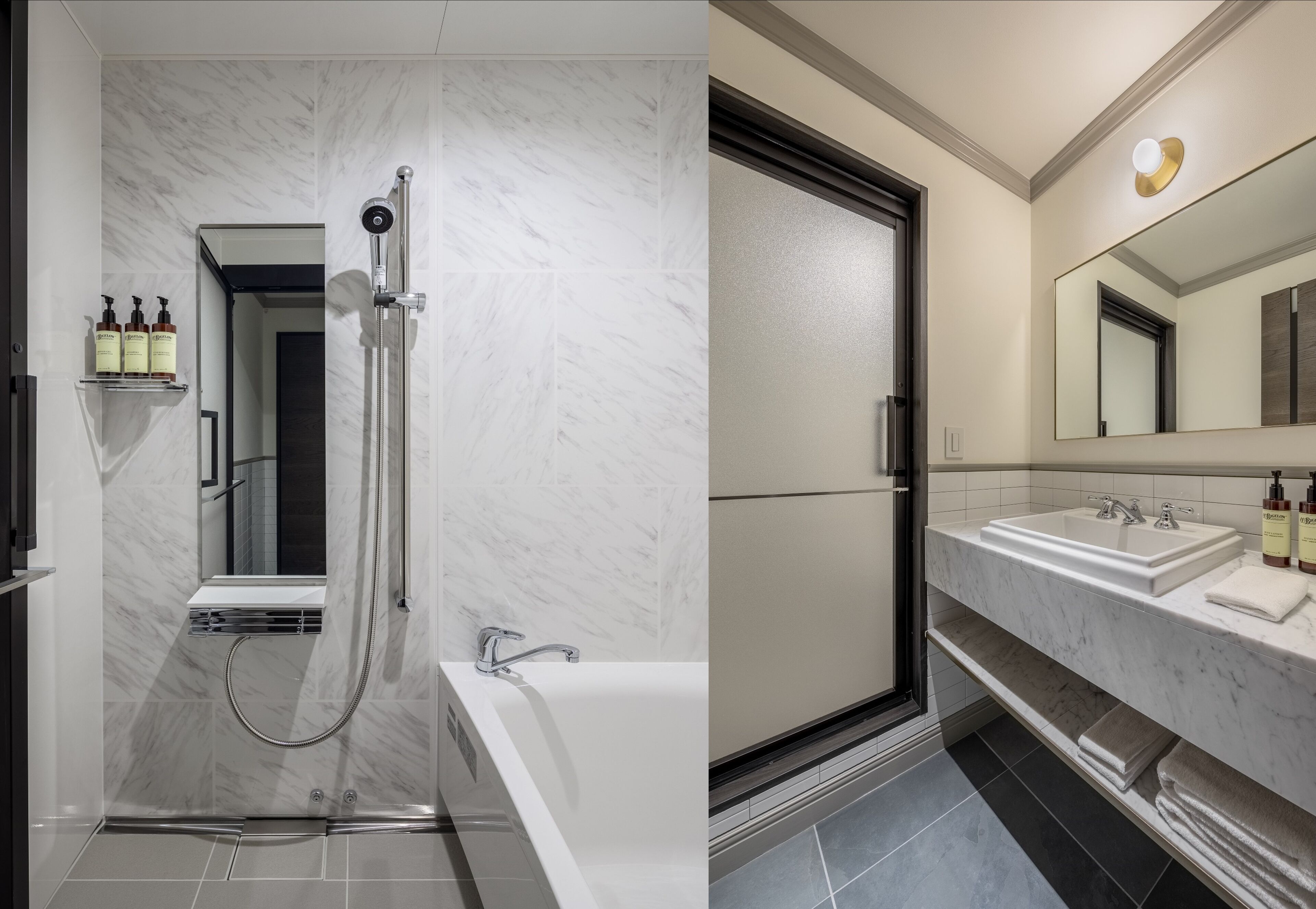 combined shower/bathtub, deep-soaking bathtub, free toiletries