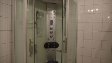 Shower, hair dryer, towels, toilet paper