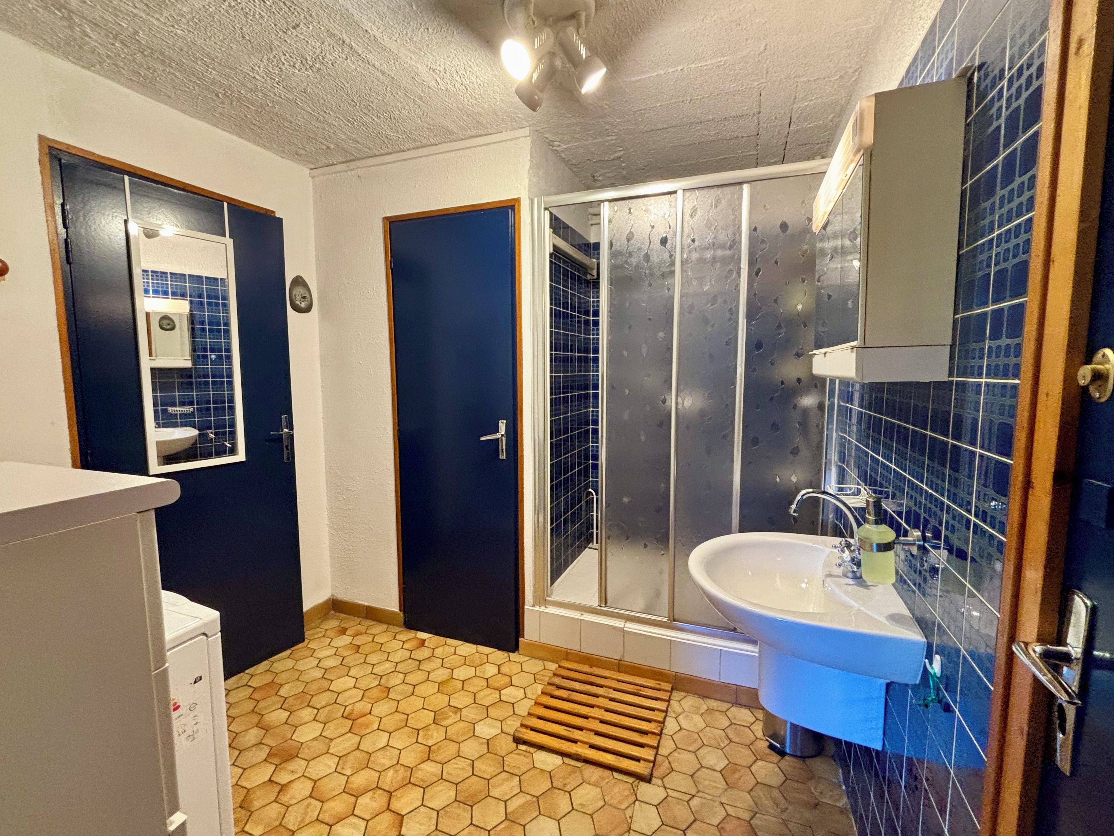 Une salle de bain avec une douche, un lavabo et un miroir.