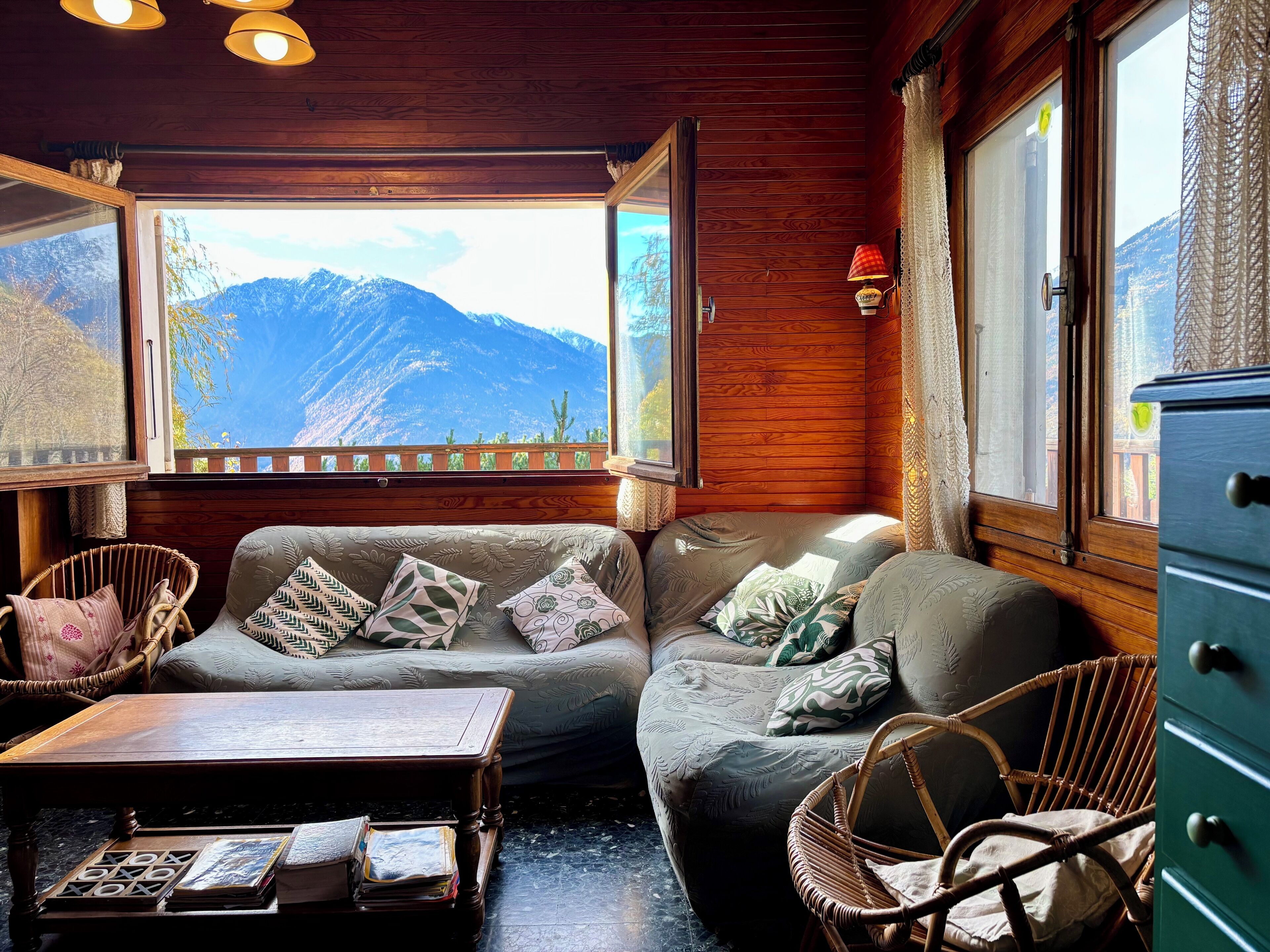 TV, fireplace, books