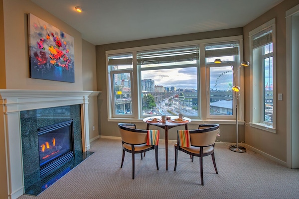 Dining area by fireplace