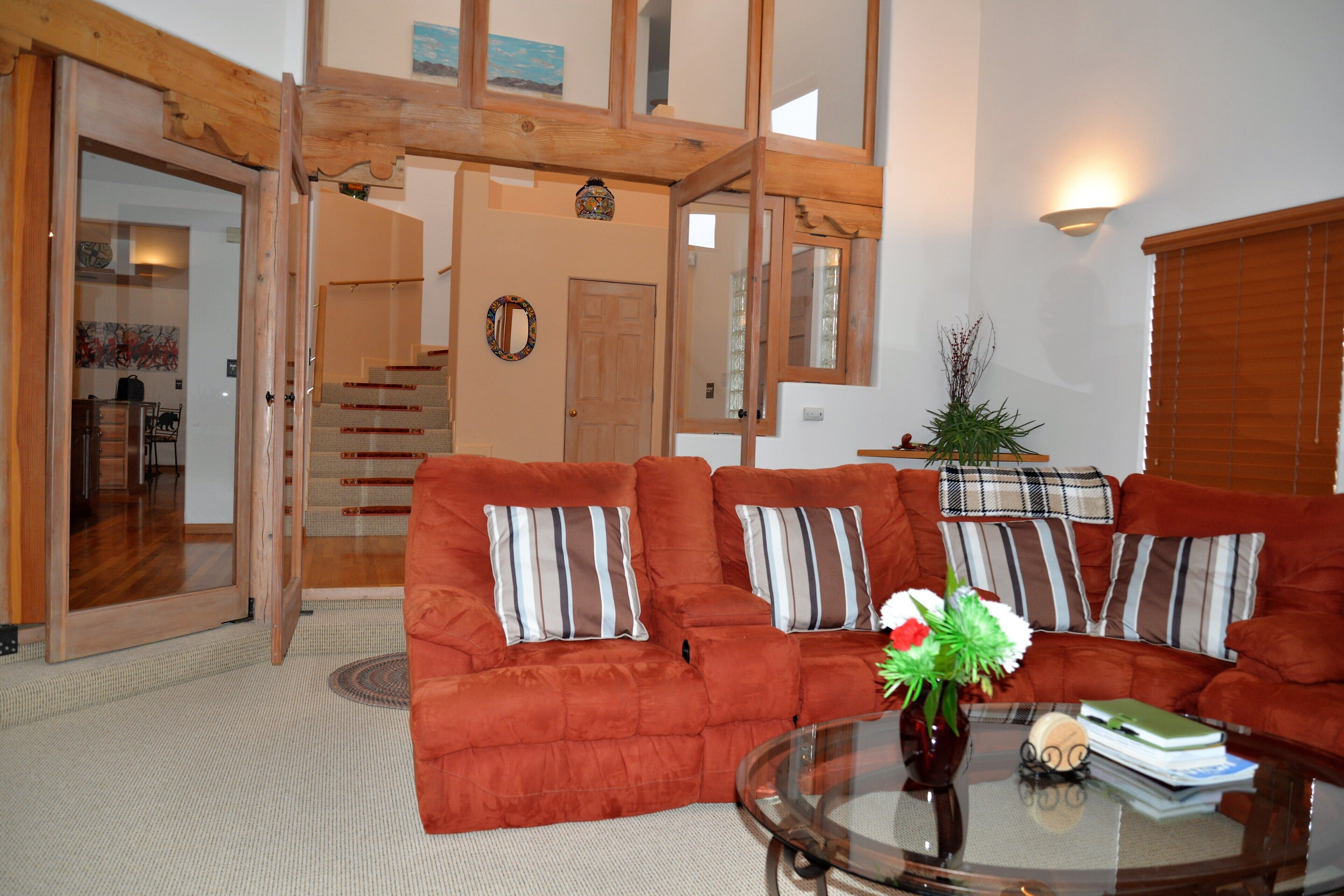 Télévision, cheminée, lecteur de DVD, livres