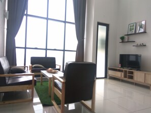 Dúplex (SOHO) | Sala de estar | Una Smart TV, una chimenea, un reproductor de DVD