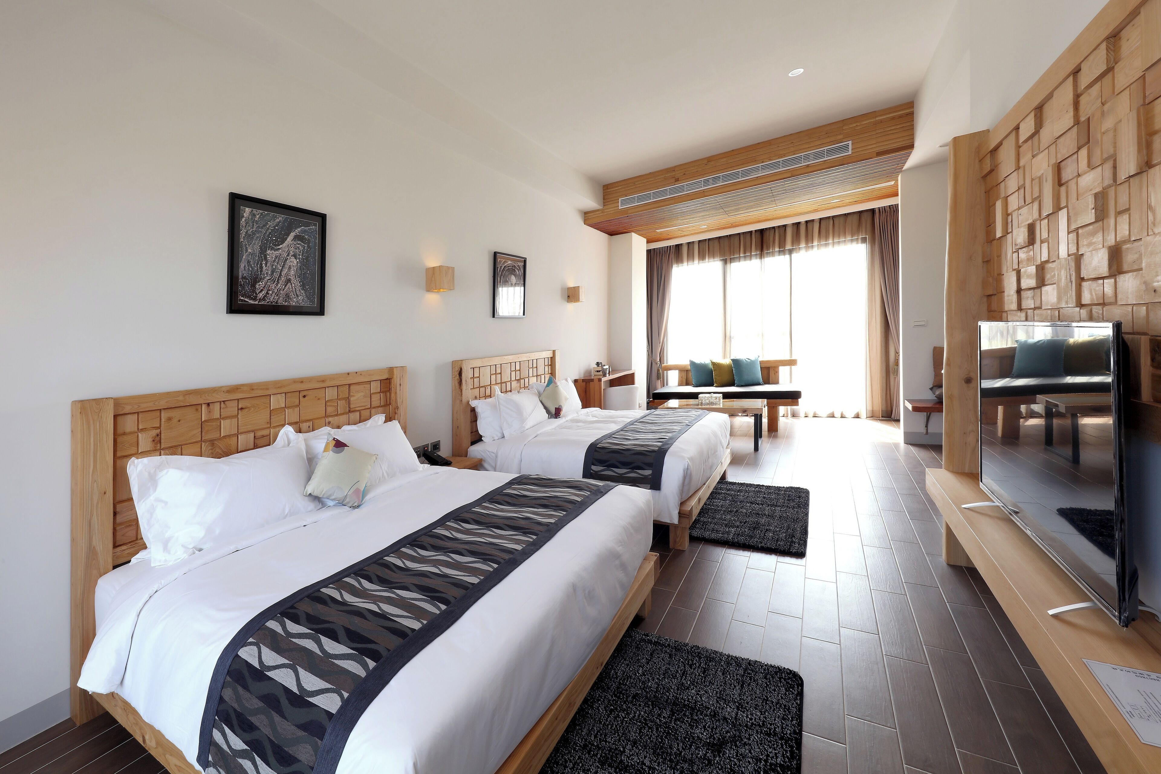 Classic Quadruple Room, 2 Queen Beds, Partial Sea View | Minibar, in-room safe, desk, blackout drapes