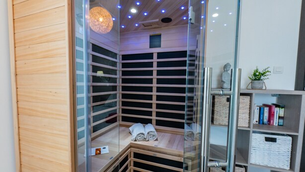 Eine Sauna mit Holzbänken und Glaswänden, einer Deckenleuchte sowie einem Regal mit Büchern und einer Pflanze.