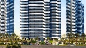 A modern high-rise building with a curved facade, surrounded by palm trees and a landscaped area. - Albion Residence Haitang Bay Sanya (Sanya)