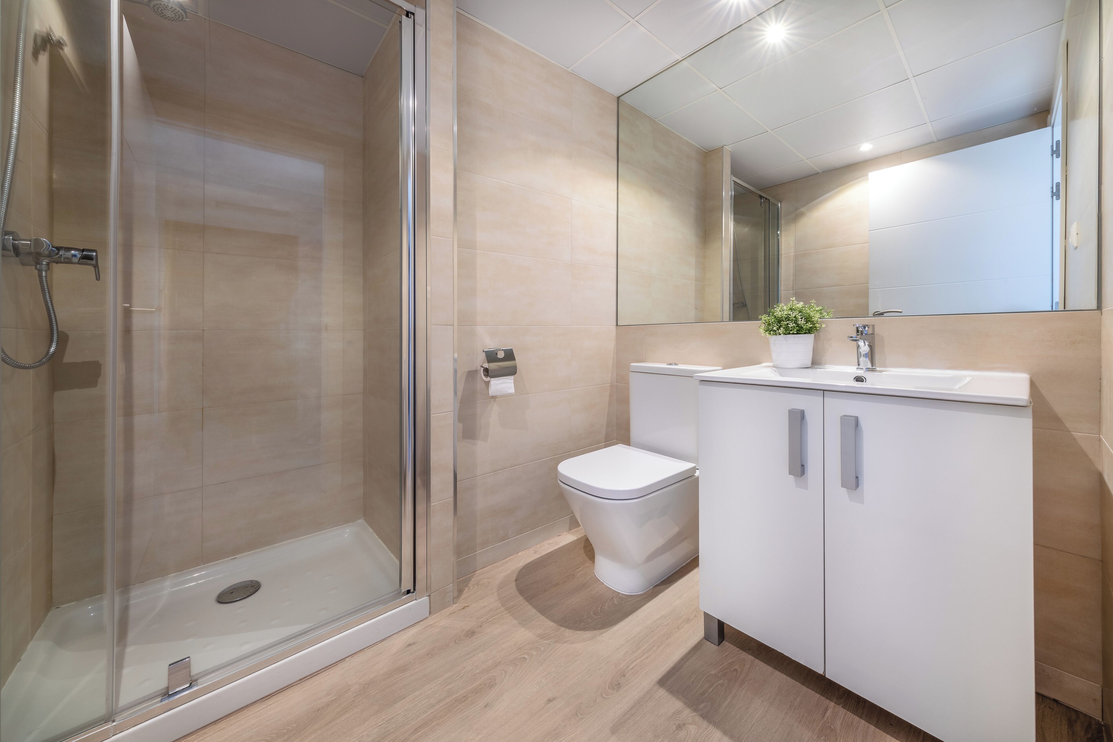 A modern bathroom with a glass shower enclosure, a toilet, and a vanity with cabinets.