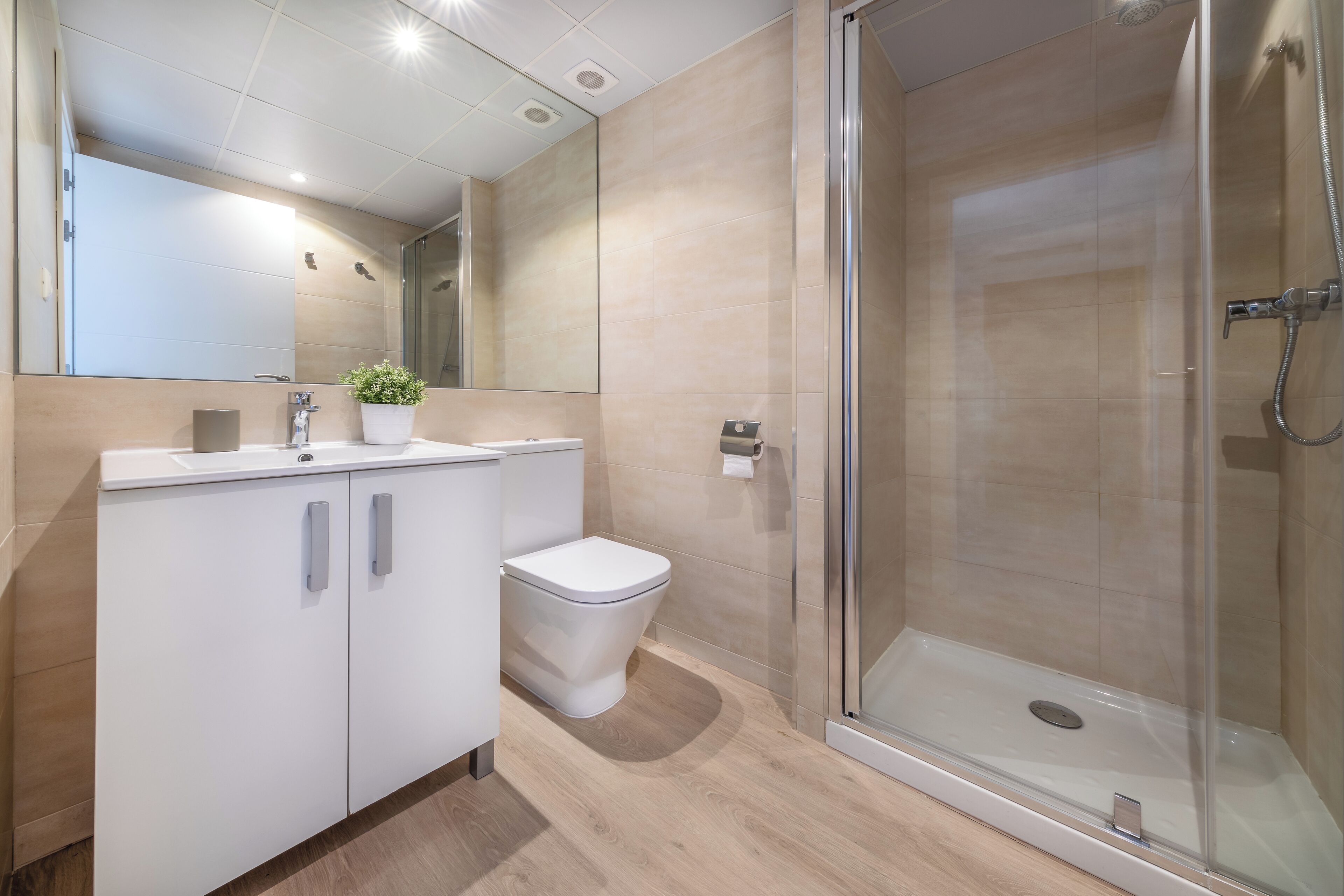 A modern bathroom with a glass shower enclosure, a toilet, and a vanity with cabinets and a mirror.