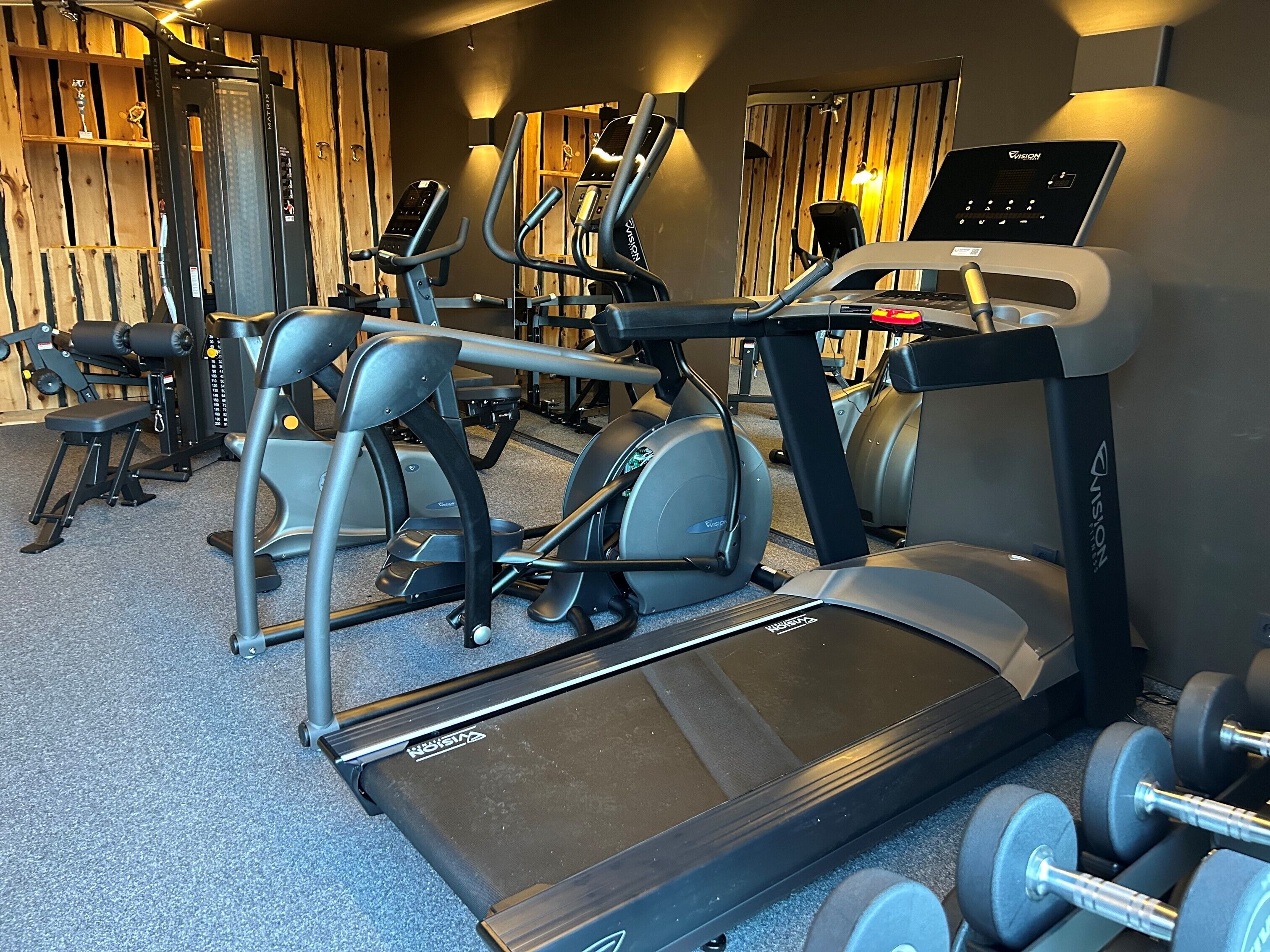 A gym with treadmills, elliptical machines, and free weights.