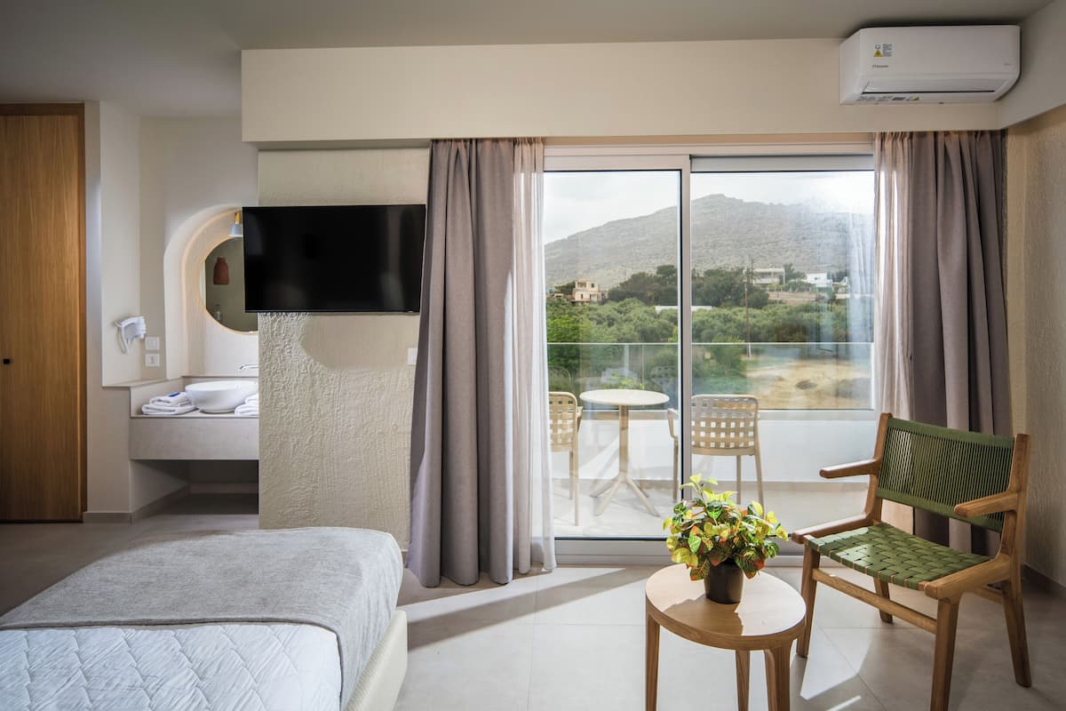 Hotelkamer met een bed, een klein tafeltje met een plant, een stoel, een aan de muur bevestigde televisie en een balkon met uitzicht op het landschap.