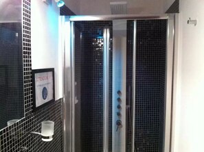 Hair dryer, bathrobes, bidet, towels