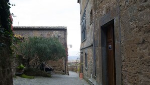 A narrow cobblestone street flanked by historic stone buildings with arched doorways and windows. - Palazzo Contino (Bagnoregio)