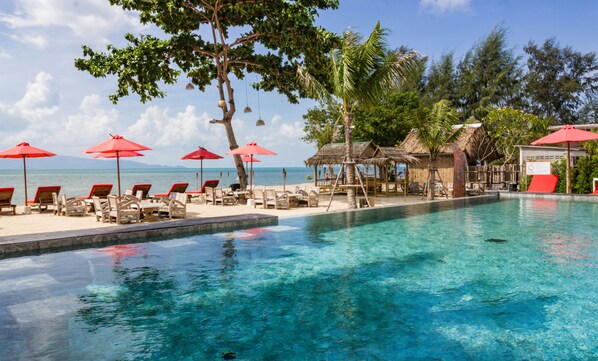 Outdoor pool, pool umbrellas, pool loungers