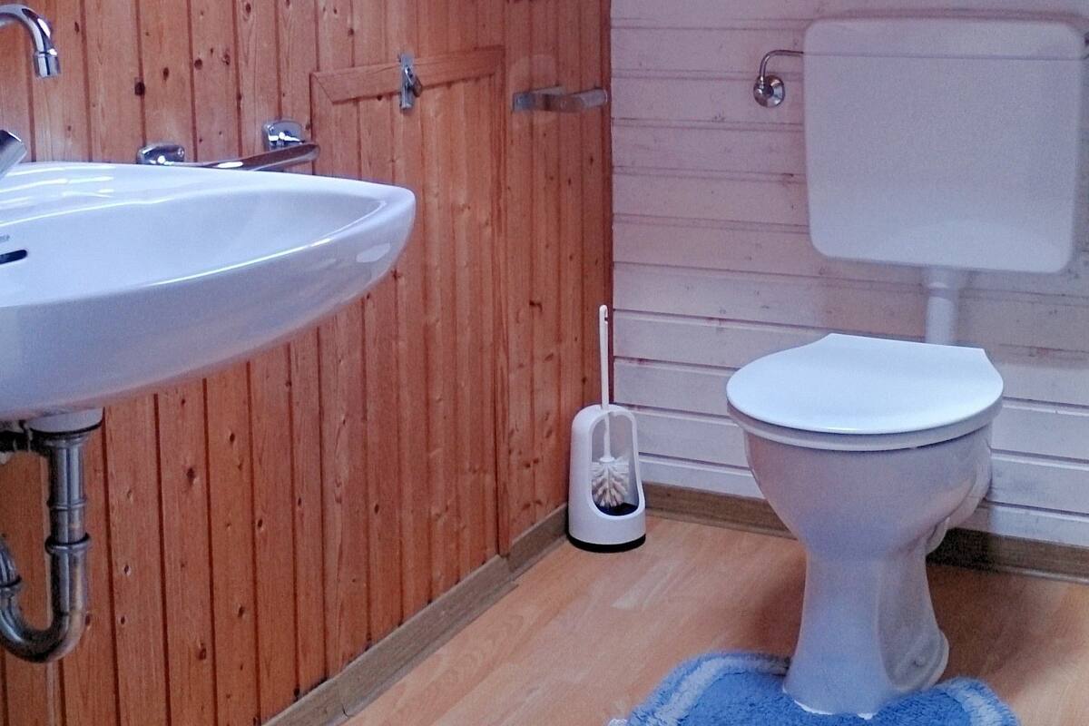 Ein Badezimmer mit Holzwandverkleidung, einem Dachfenster, einem Waschbecken, einer Toilette und einem blauen Teppich.
