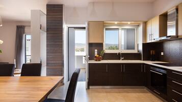 Full-size fridge, microwave, oven, stovetop