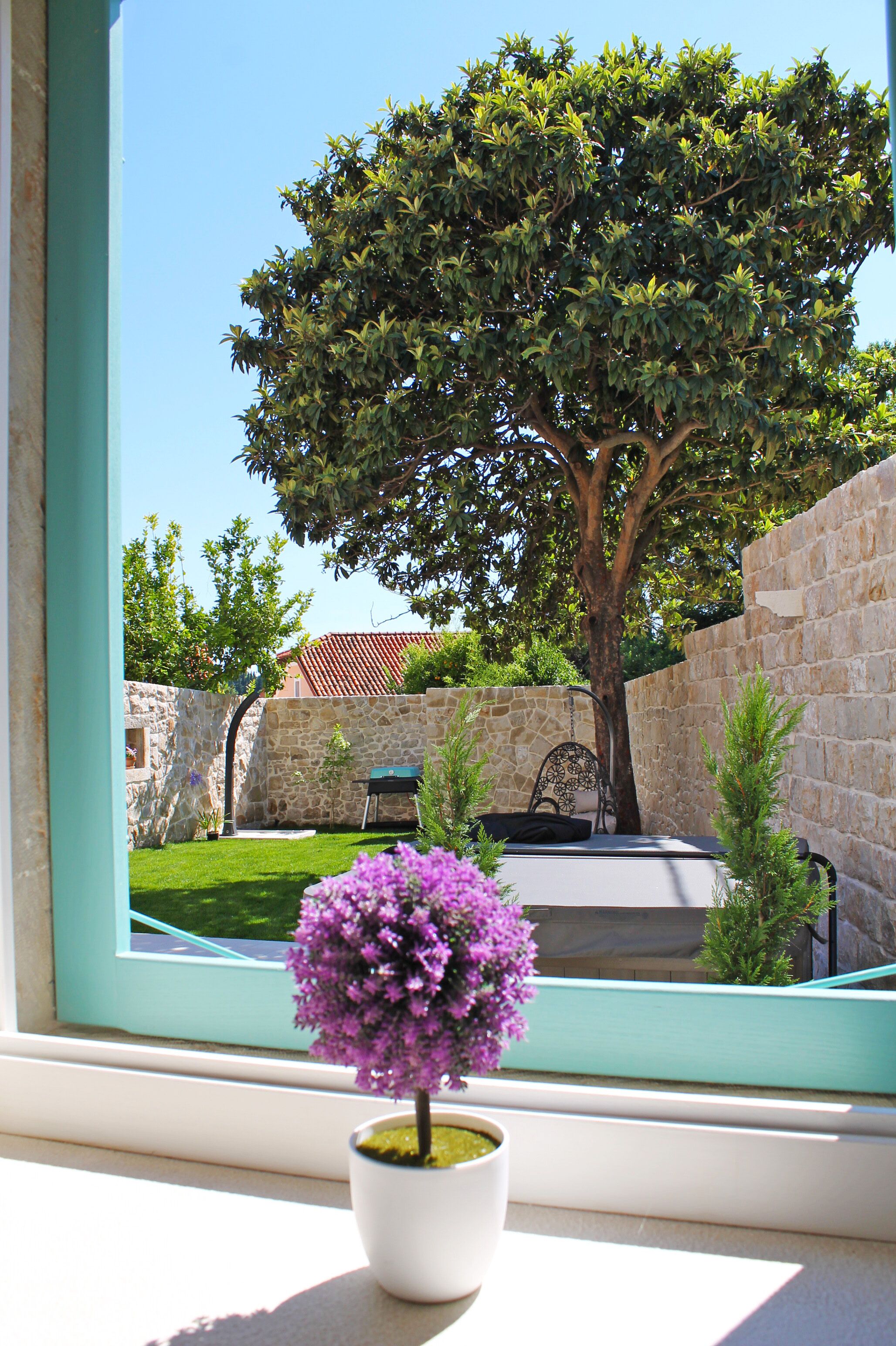 Une plante en pot, posée sur un rebord de fenêtre, d’où l’on aperçoit un mur de pierre et un arbre à l’extérieur.