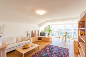 Tv, eldstad och en stereo