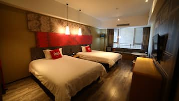 Premium bedding, desk, laptop workspace, blackout curtains