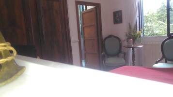 Una habitación con puerta de madera, una silla, una mesita con un florero y un ventanal con vistas a árboles.
